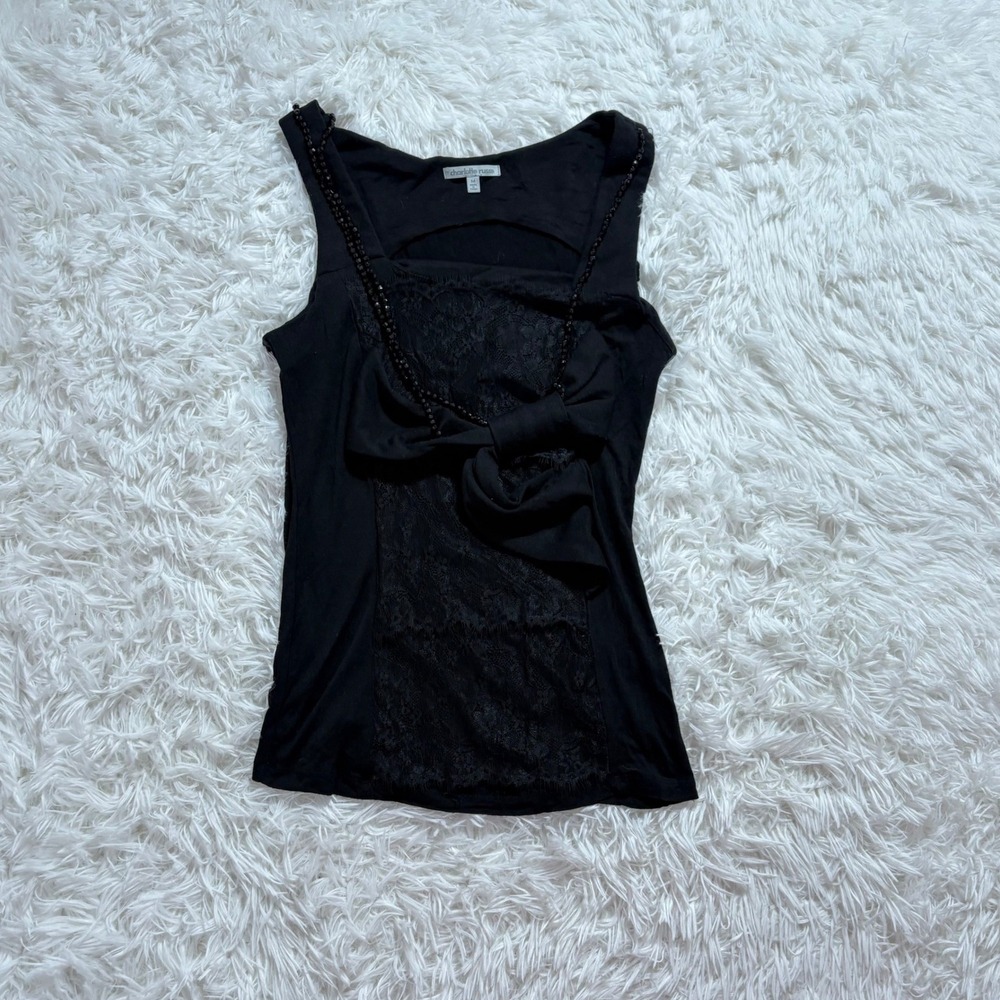 y2k black lace bow detail beaded tank top medium